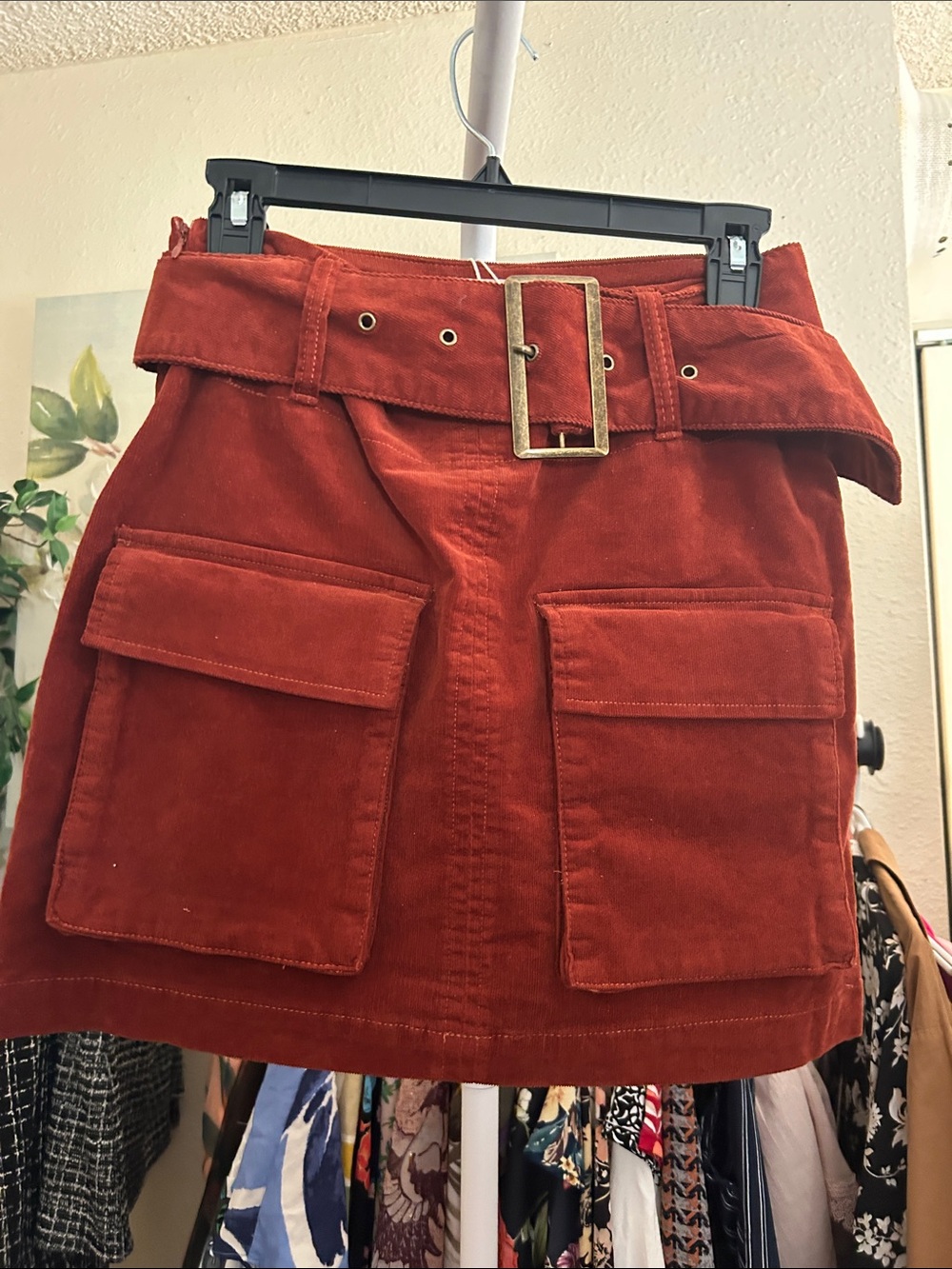 High-Waist Rust Corduroy Utility Mini Skirt with Belt